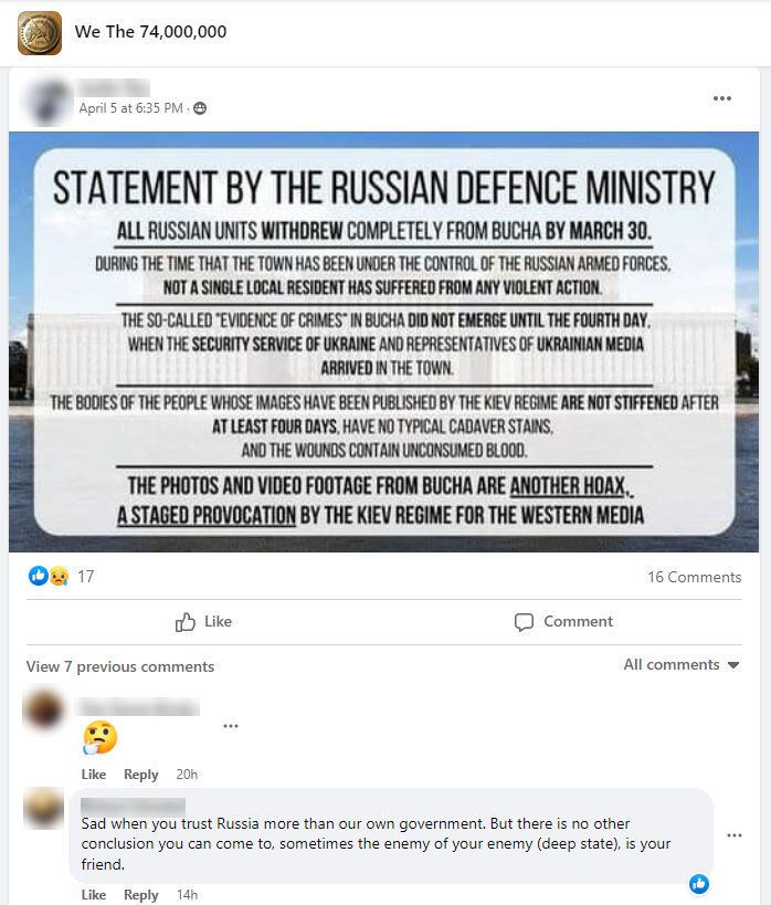 Facebook post expressing skepticism about Bucha