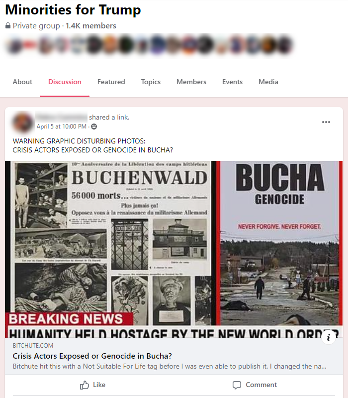Facebook post claiming the events in Bucha are staged