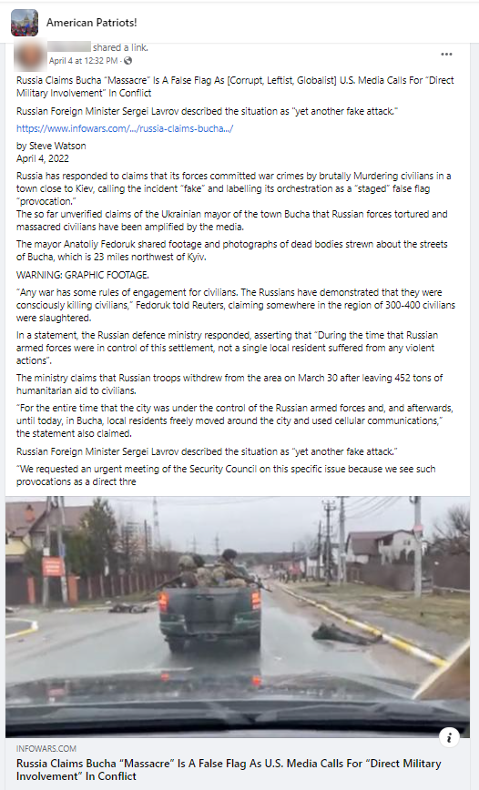 Facebook post claiming the events in Bucha are staged, linking to InfoWars