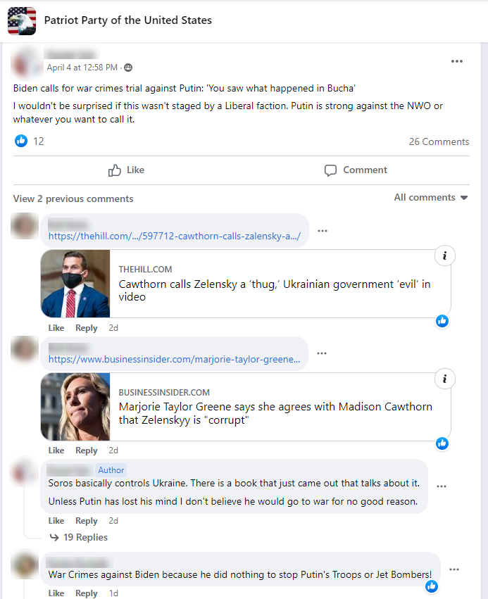 Facebook post claiming the events in Bucha are staged by a "liberal faction"