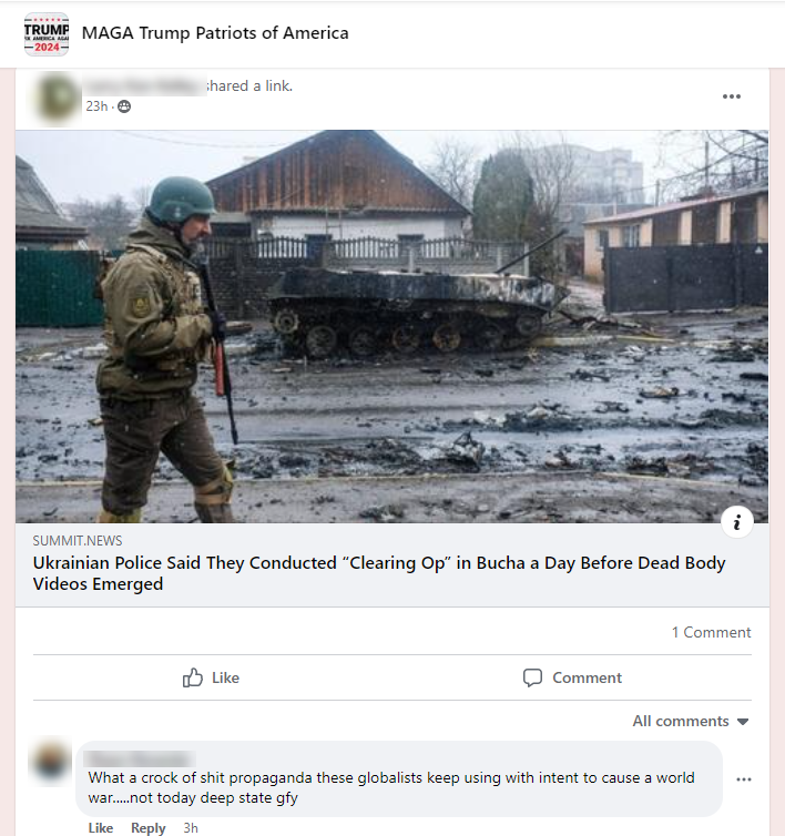 Facebook post claiming the events in Bucha are staged, linking to Summit News