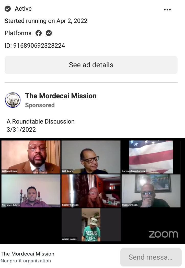 The Mordecai Mission Facebook ad