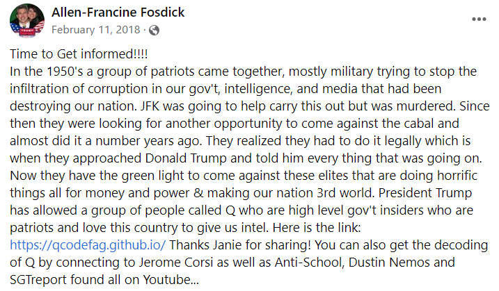 Fosdicks QAnon post on February 11, 2018