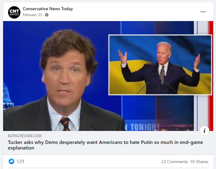 Facebook post linking to article by BizPac featuring Carlson's segment giving a passionate defense of Putin