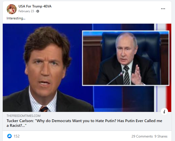 Facebook post linking to article by The Freedom Times featuring Carlson's segment giving a passionate defense of Putin