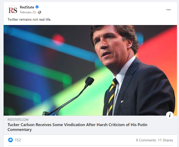 Facebook post linking to article by RedState featuring Carlson's segment giving a passionate defense of Putin