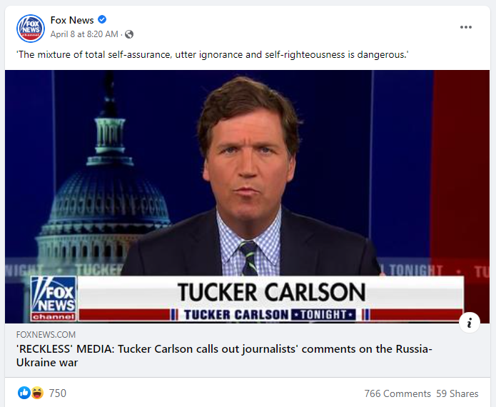 Facebook post by Fox News linking to an article featuring Carlson's segment where he claims the Biden admin is manipulating public opinion about Ukraine