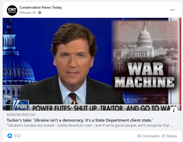 Facebook post linking to article by BizPac featuring Carlson's segment claiming Ukraine isn't a Democracy