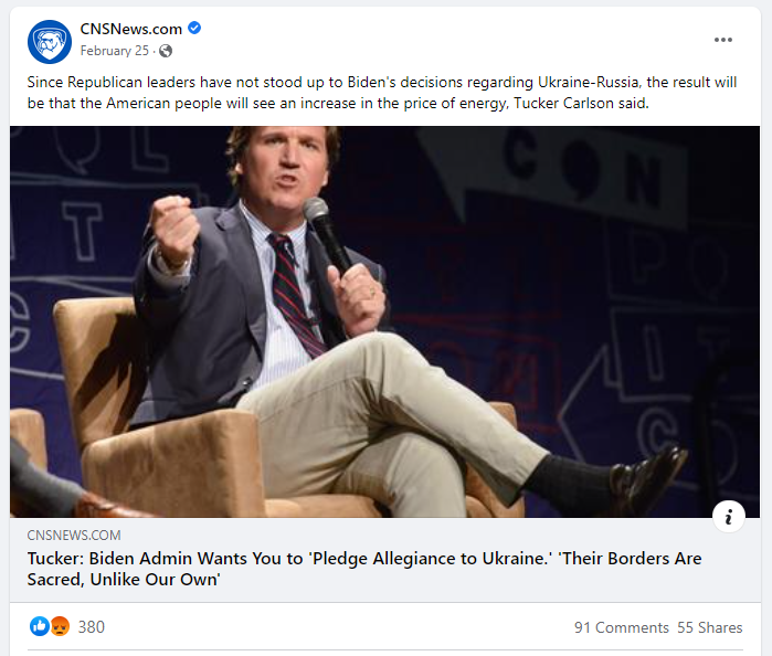 Facebook post linking to article by CNS featuring Carlson's segment claiming Ukraine isn't a Democracy
