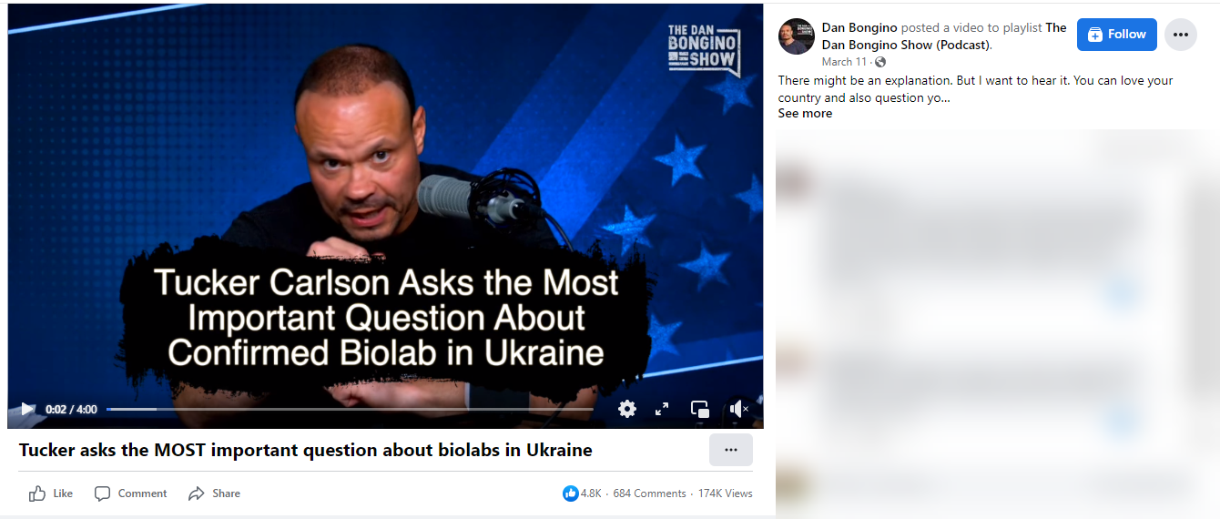 Facebook post linking to video of Dan Bongino's show featuring Carlson segment where he amplifies biolabs propaganda