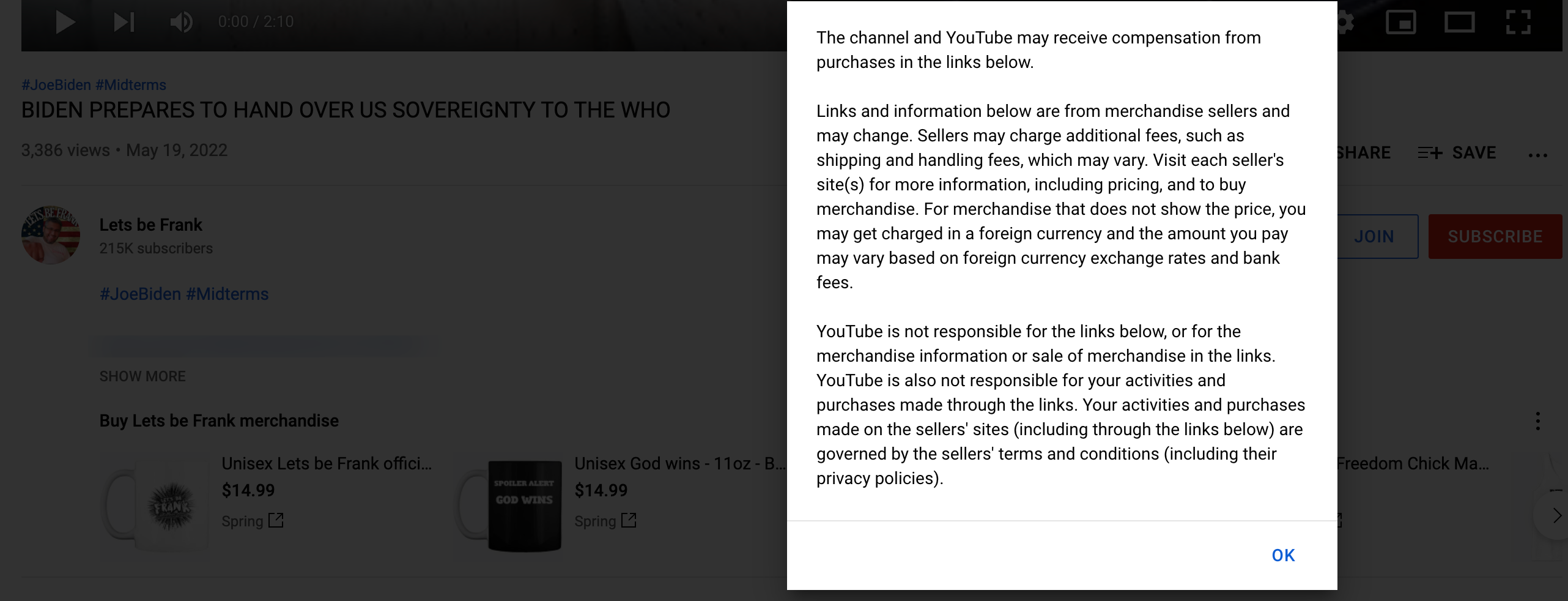 YouTube merchandise disclaimer
