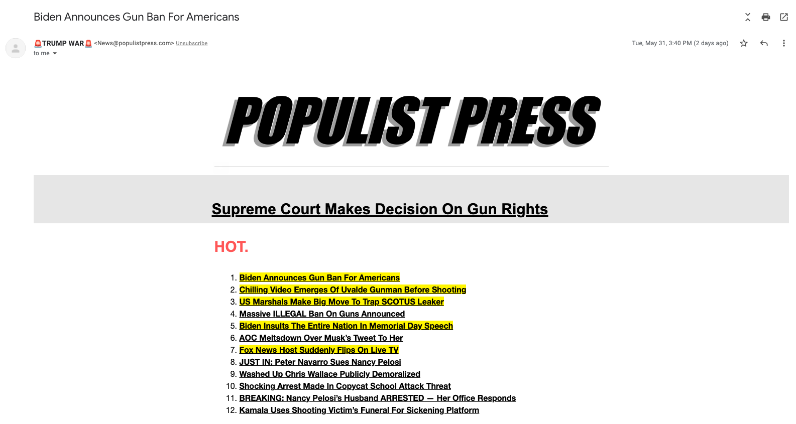 Steve Bannon’s e-mail news aggregator blasted out a message with the subject: “Biden Announces Gun Ban For Americans” 