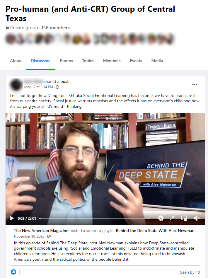 Texas parents group post claiming SEL is "CRT" example 2