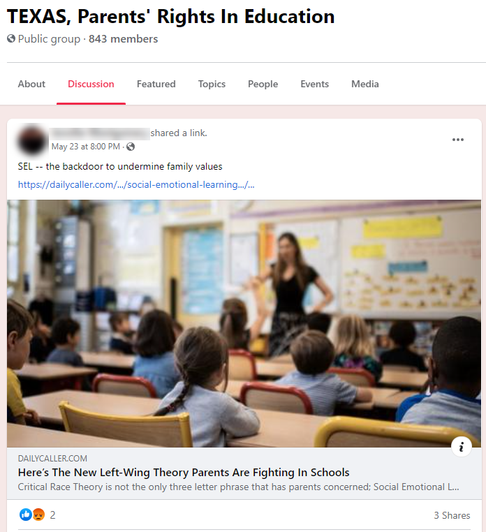 Public Texas parents group anti-SEL post example 10