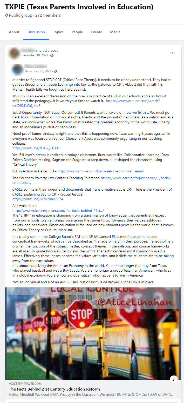 Public Texas parents group anti-SEL post example 2