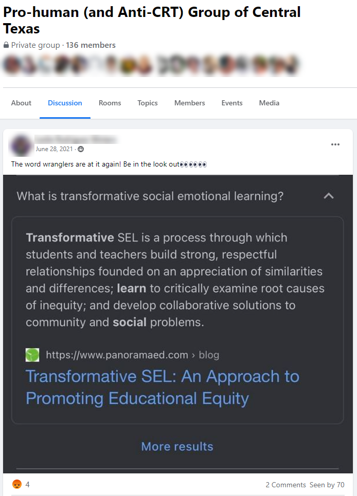 Texas parents group post claiming SEL is "CRT" example 1