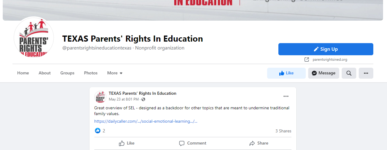 Public Texas parents group anti-SEL post example 11