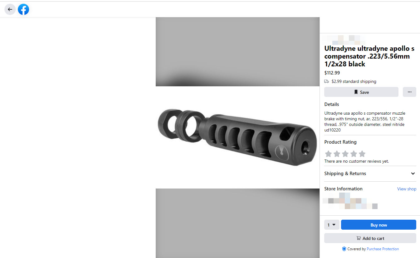 A screenshot of a AR-15 compensator for sale through Facebook Marketplace