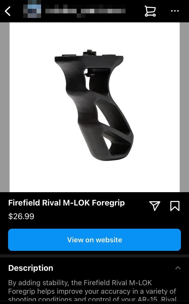 A screenshot of a AR-15 foregrip for sale through Instagram 