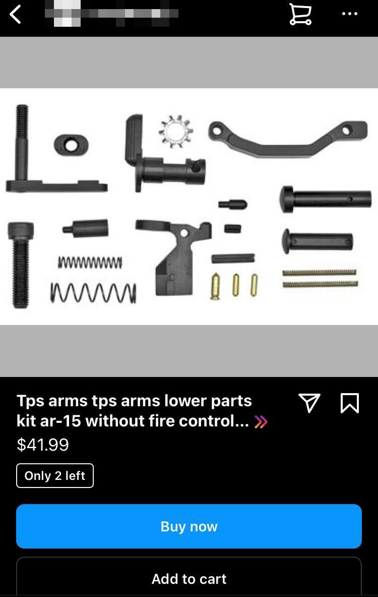 A screenshot of a Lower Parts Kit for an AR-15 for sale on Instagram 