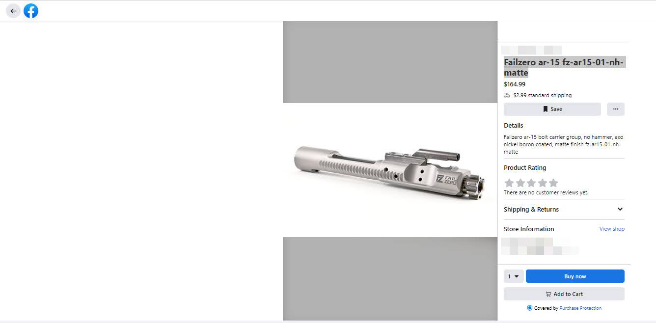 A screenshot of a AR-15 bolt carrier group for sale through Facebook Marketplace