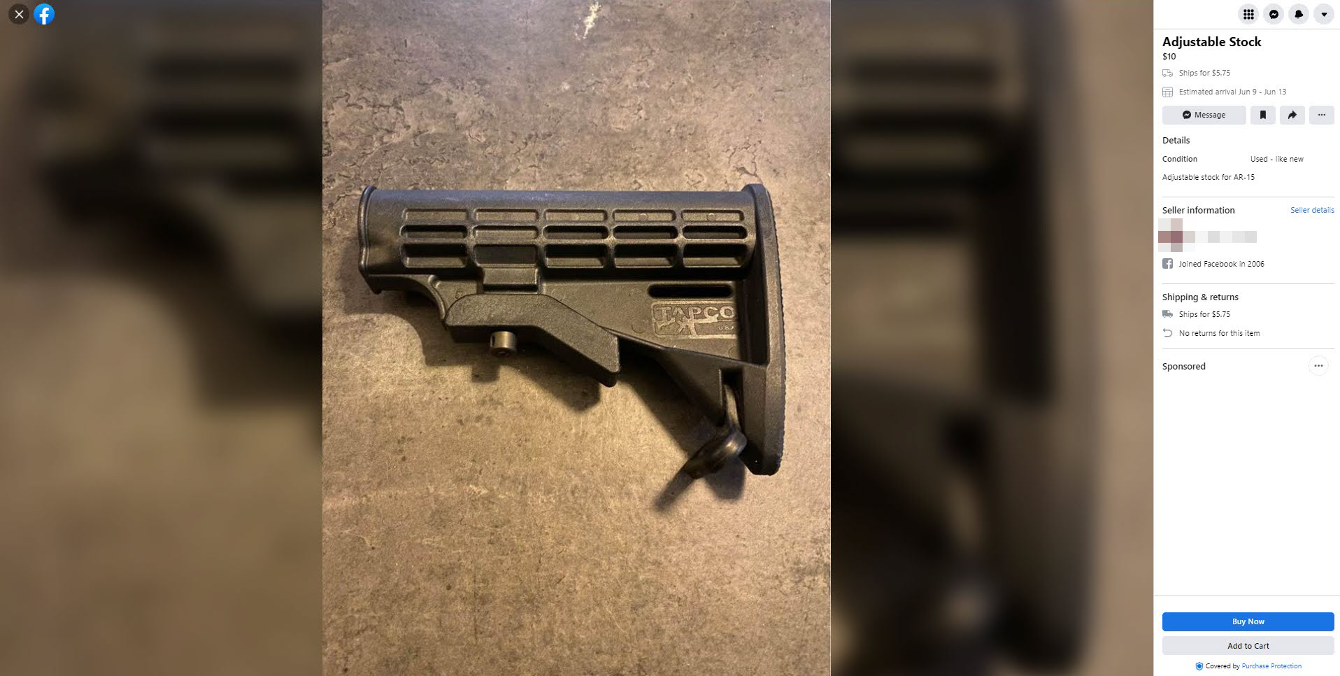 A screenshot of a AR-15 buttstock for sale through Facebook Marketplace