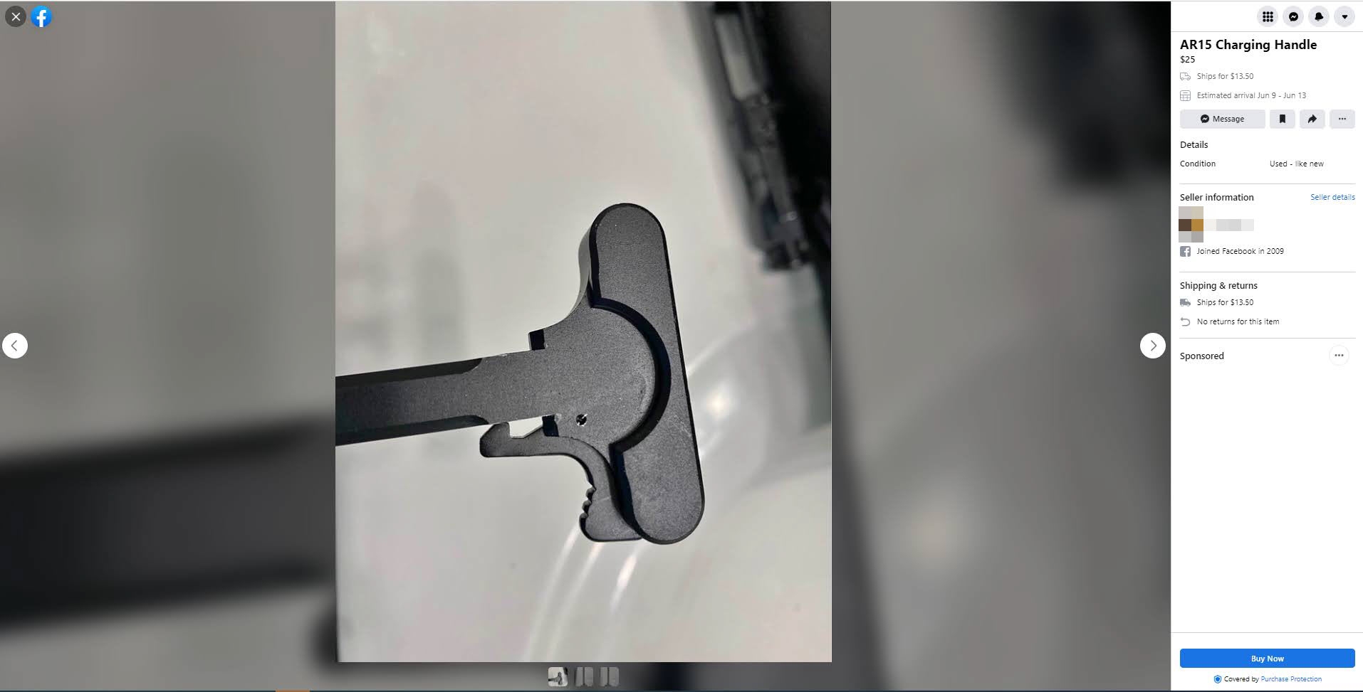 A screenshot of a AR-15 charging handle for sale through Facebook Marketplace
