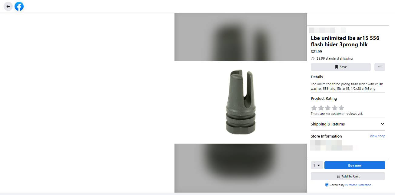 A screenshot of a AR-15 flash hider for sale through Facebook Marketplace