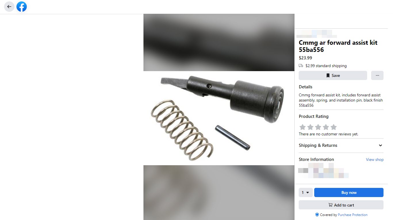 A screenshot of a AR-15 forward assist for sale through Facebook Marketplace