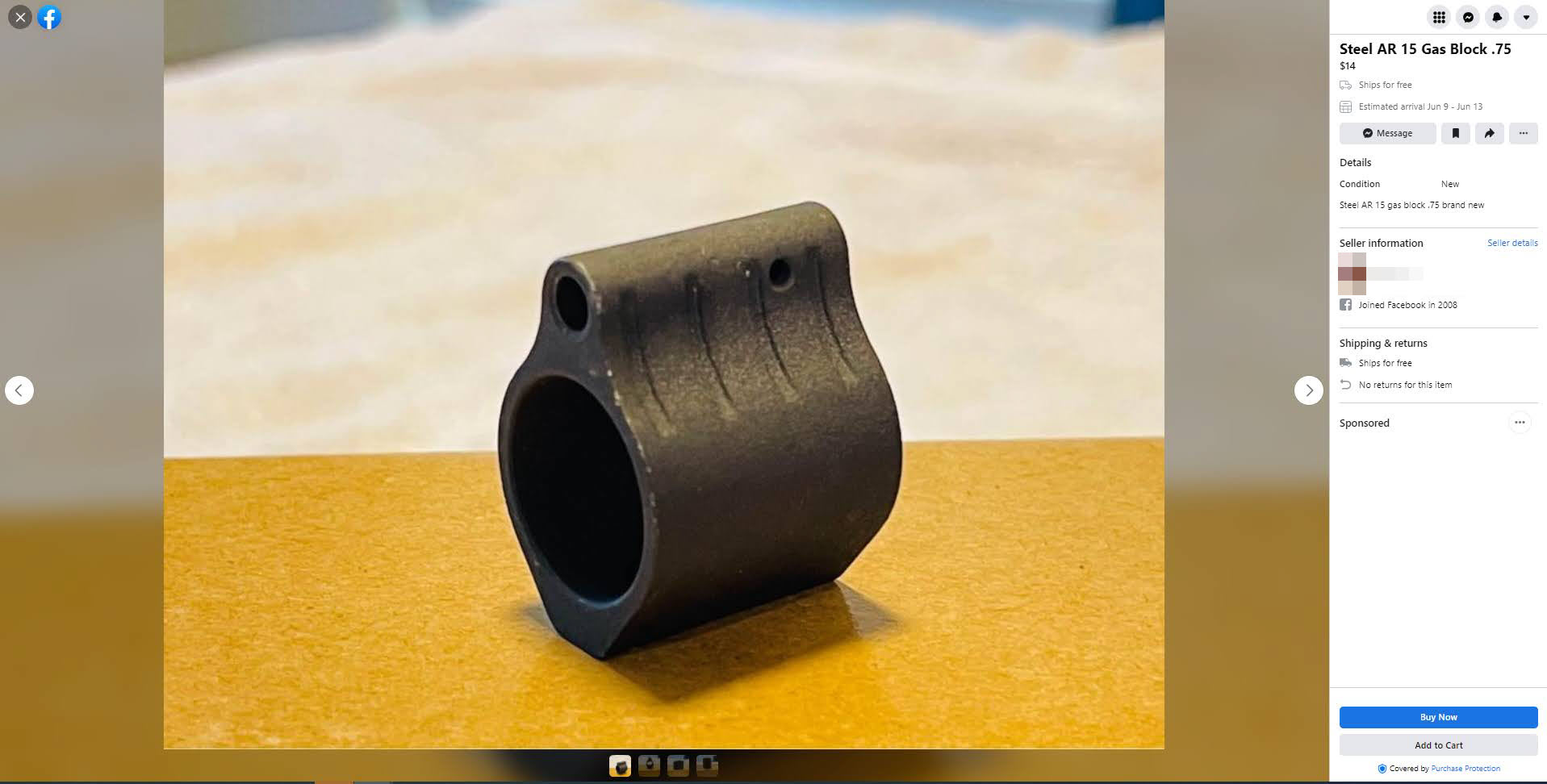 A screenshot of a AR-15 gas block for sale through Facebook Marketplace