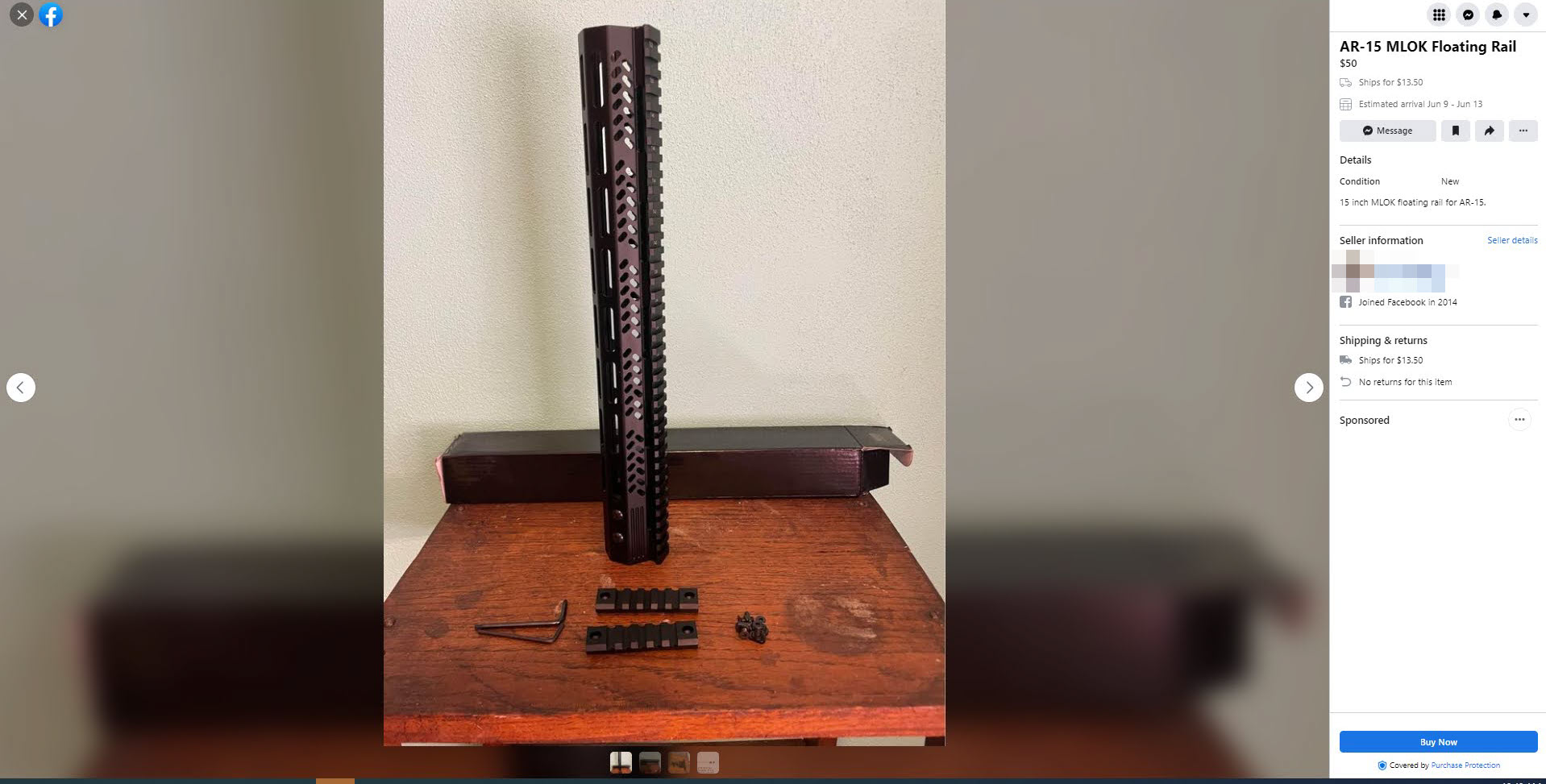 A screenshot of a AR-15 handguard for sale through Facebook Marketplace