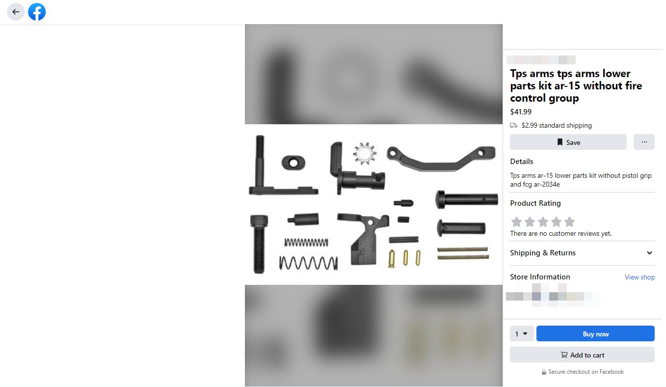 A screenshot of a listing for an AR-15 Lower Parts Kit on Facebook Marketplace