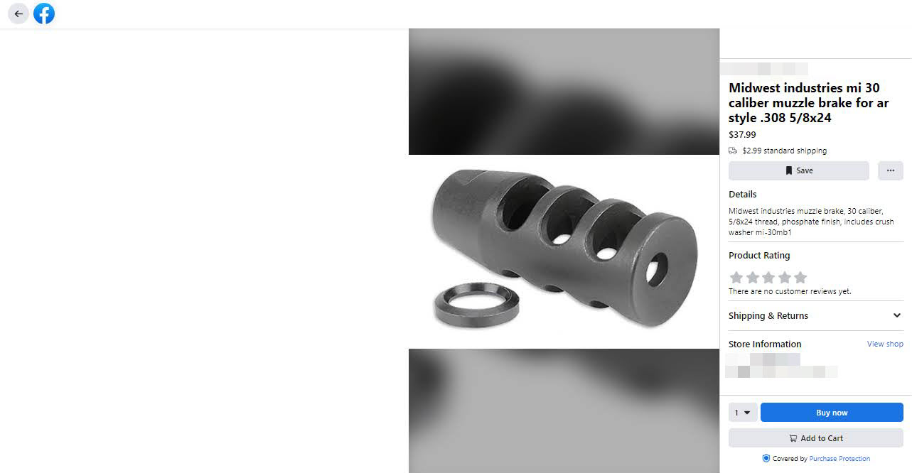 A screenshot of a AR-15 muzzle brake for sale through Facebook Marketplace