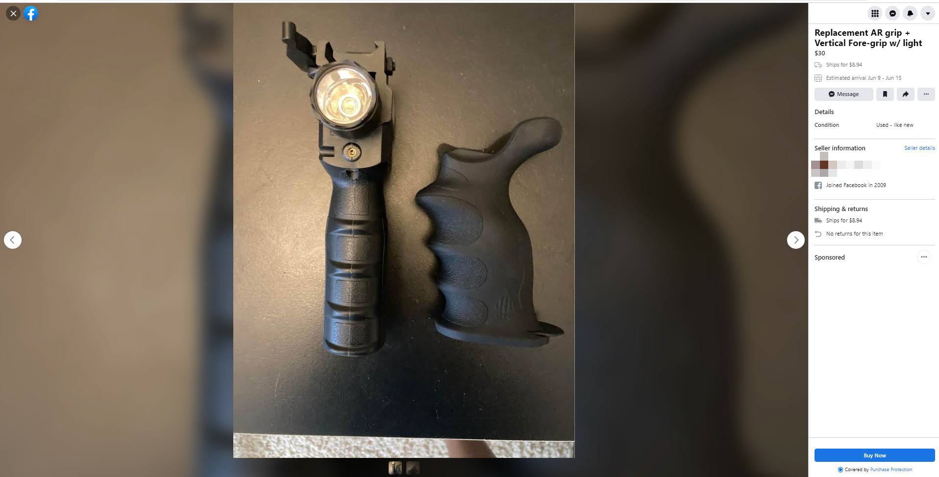 A screenshot of a AR-15 foregrip for sale through Facebook Marketplace