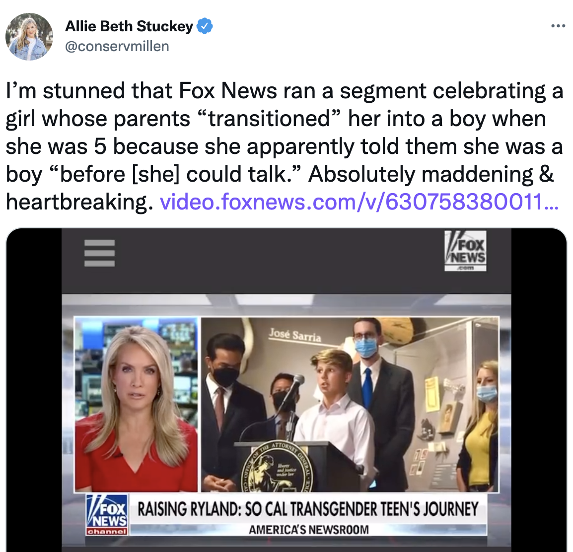 Allie Beth Stuckey: I'm stunned that Fox News ran a segment celebrating a girl whose parents "transitioned" her into a boy because she apparently told them she was a boy "before [she] could talk." Absolutely maddening & heartbreaking
