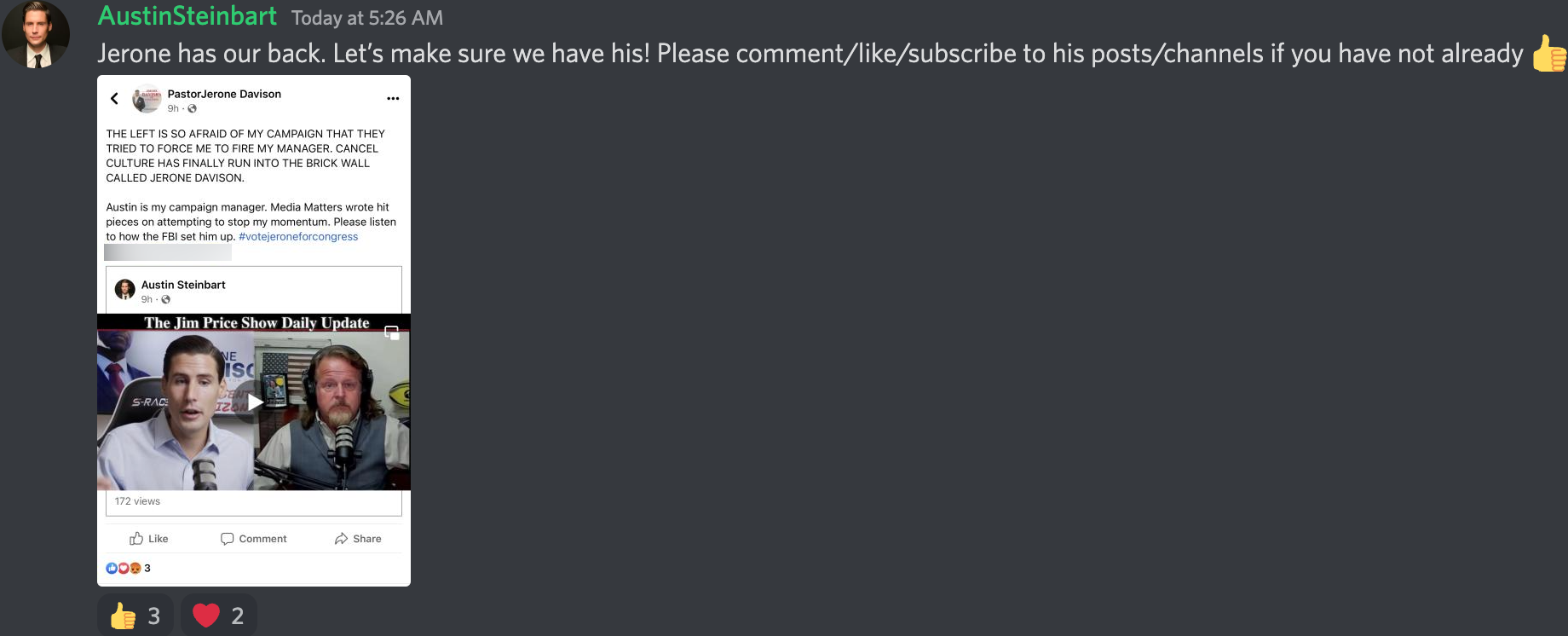 Austin Steinbart Discord post Facebook