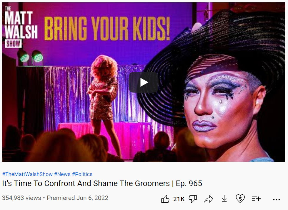 Image of Matt Walsh YouTube video thumbnail and title. Video is titled "It's Time To Confront And Shame The Groomers"