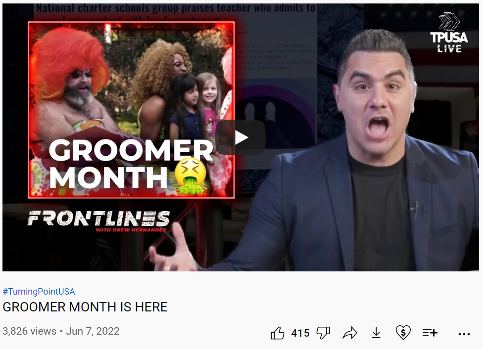 Image of Turning Point USA YouTube video thumbnail and title. Video is titled "GROOMER MONTH IS HERE"