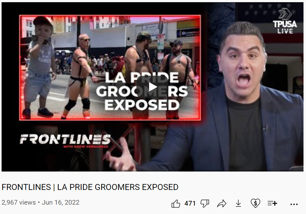 Image of Turning Point USA YouTube video thumbnail and title. Video is titled "FRONTLINES | LA PRIDE GROOMERS EXPOSED"