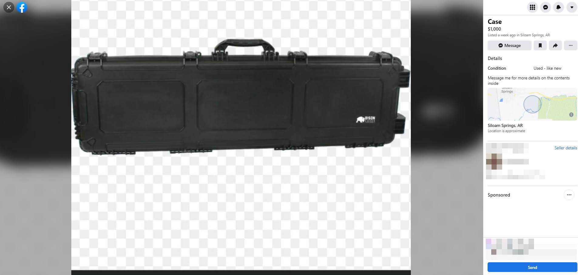 a listing for a firearm case on Facebook Marketplace with the description saying to message the seller "for more details on the contents inside.”
