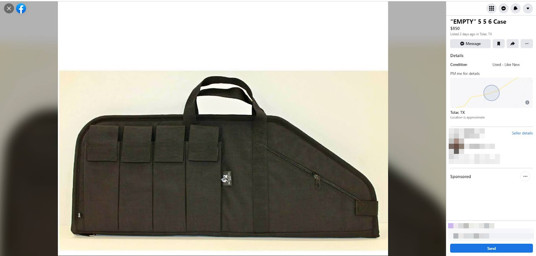 a listing in Facebook Marketplace for a firearm case that is listed as "empty" in quotes 