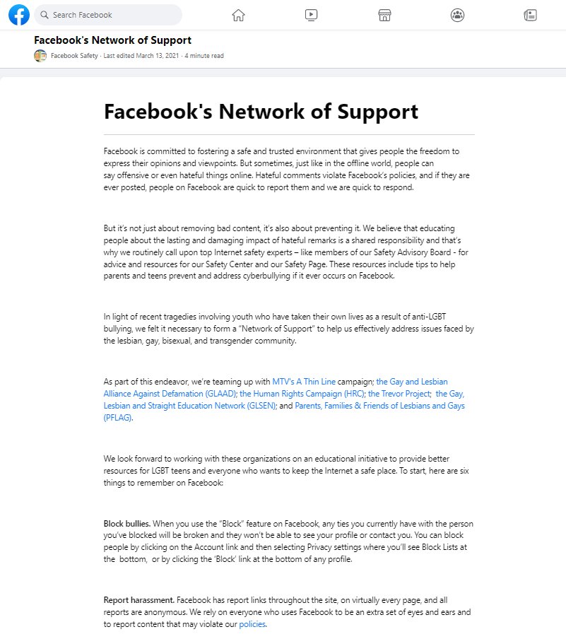 facebook's network of support