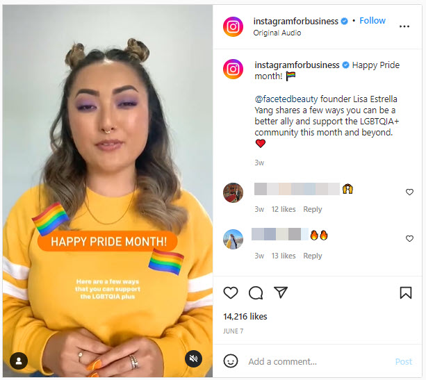 A screenshot of a post from Instagram's Instagram for business account, wishing users a happy pride 