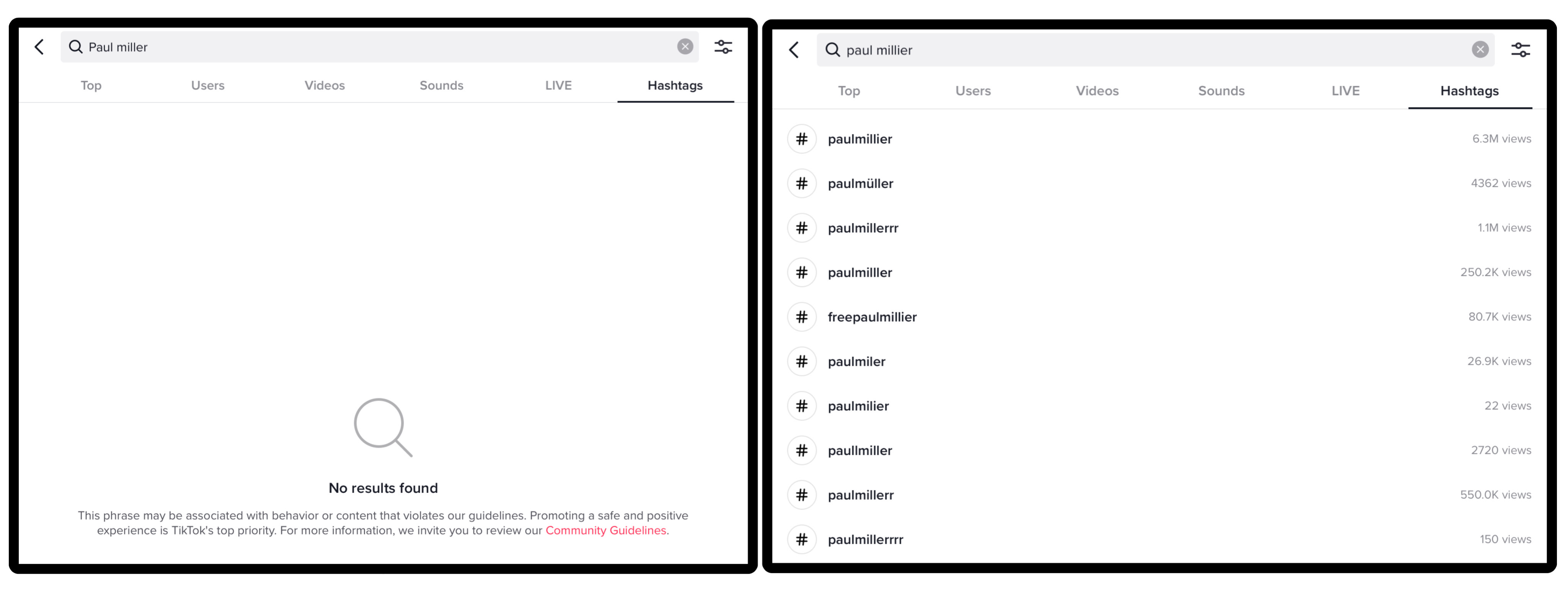 Adding one extra "i" reveals all of the ban evading "Paul Miller" related hashtags