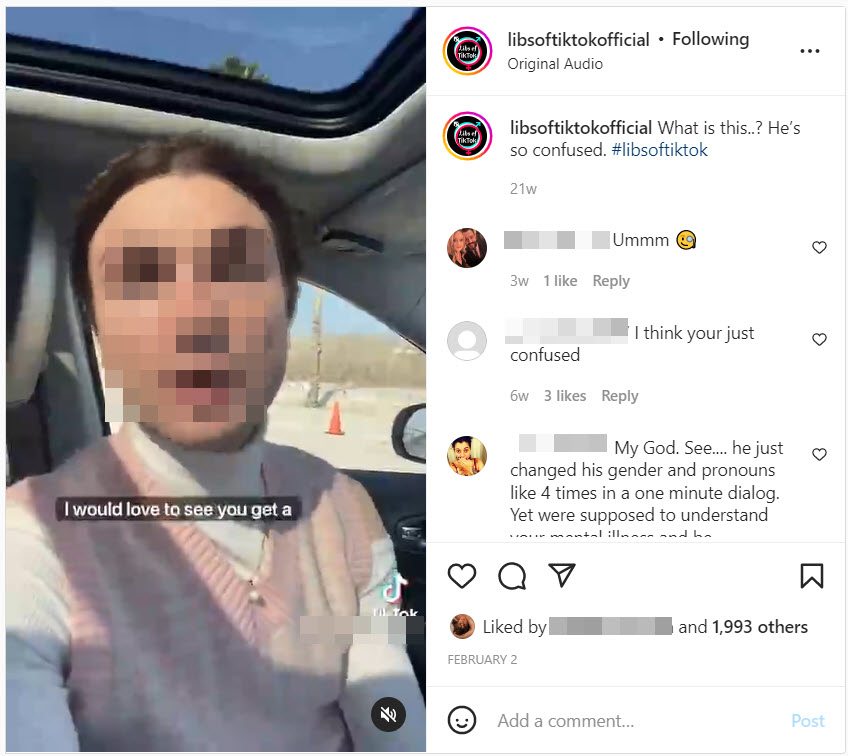A post from Libs of TikTok targeting a creator Instagram posted about in a pride celebration post