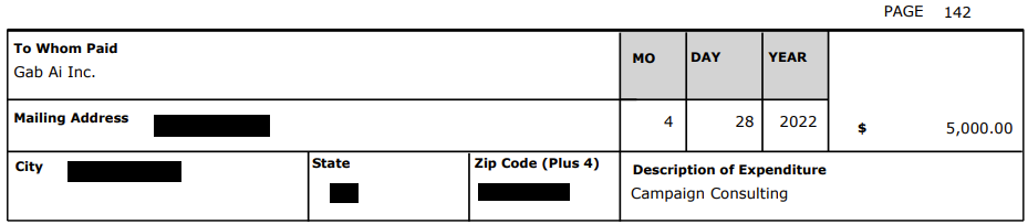 Doug Mastriano's payment to Gab
