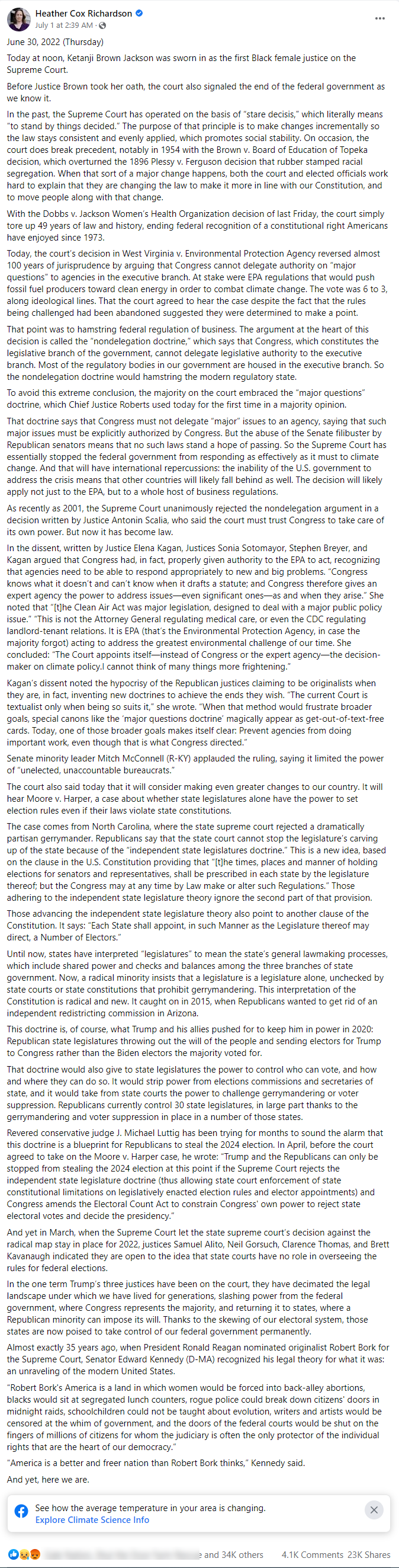 Heather Cox Richardson's Facebook post about the West Virginia v. EPA Supreme Court case