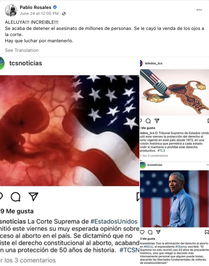 Pablo Rosales' Facebook Post