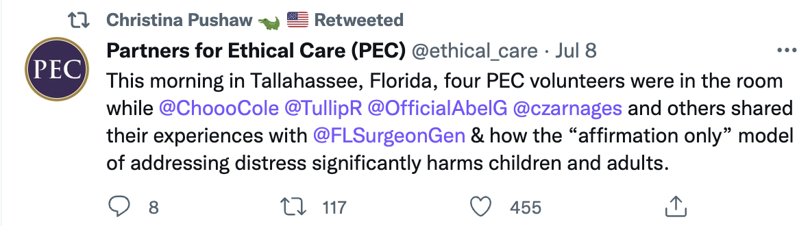 Pushaw retweeting Partners for Ethical Care