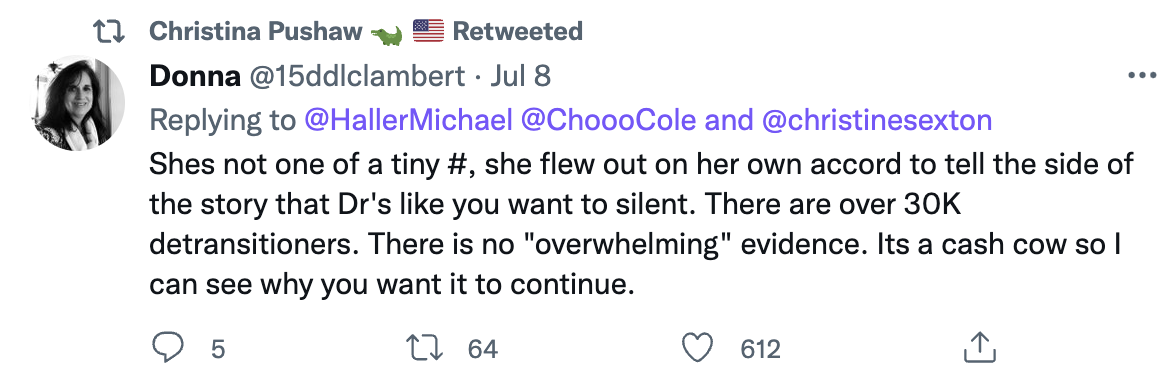 Pushaw sharing the claim that there are "over 30k detransitioners"